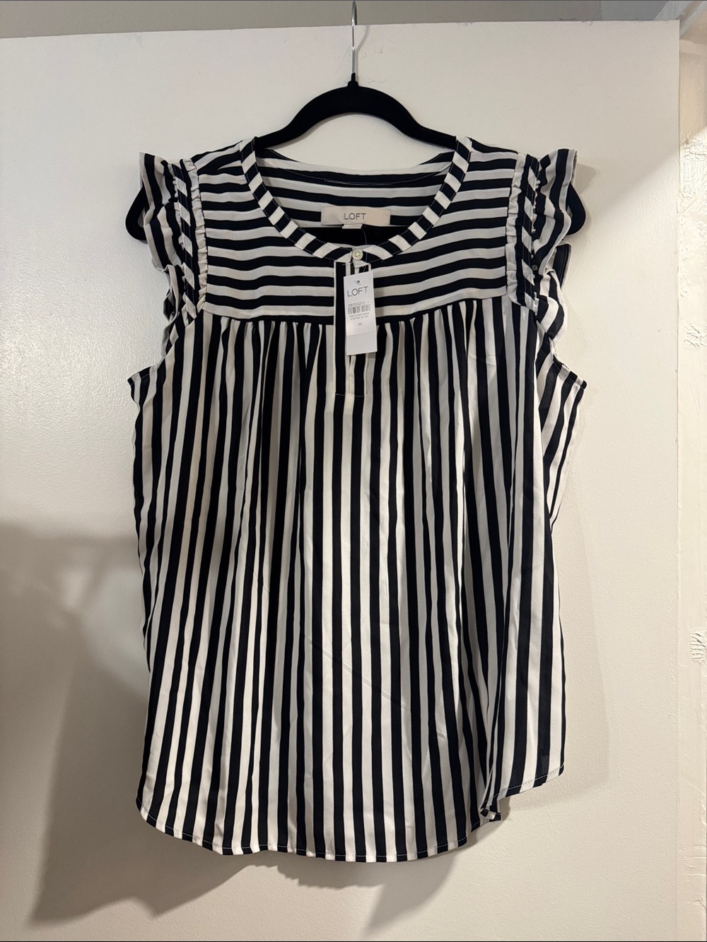 LOFT Black and White Vertical Stripe Ruffle Sleeve Top